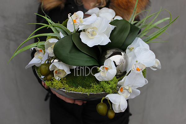 Deko Storczyk kompozycja kwiatowa w cynowanym ekskluzywnym naczyniu, śr.28cm