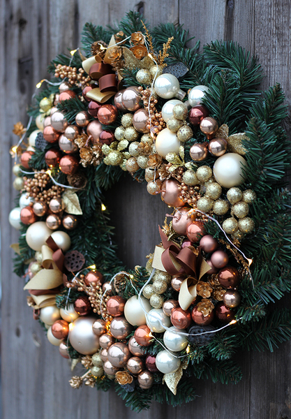 bardzo bogaty złoty wianek świąteczny, Złote Święta, śr.45cm 