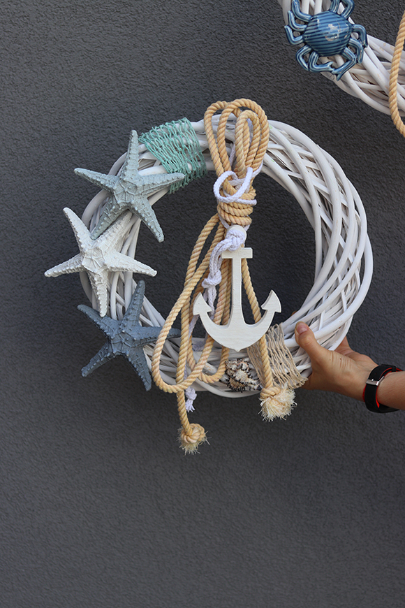 Kotwica & Rozgwiazdy, marynistyczny wianek do powieszenia na drzwiach, śr.38cm