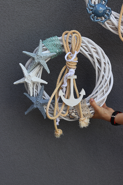 Kotwica & Rozgwiazdy, marynistyczny wianek do powieszenia na drzwiach, śr.38cm