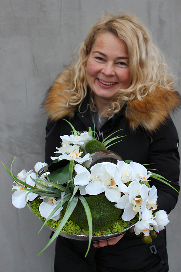 Deko Storczyk kompozycja kwiatowa w cynowanym ekskluzywnym naczyniu, śr.28cm