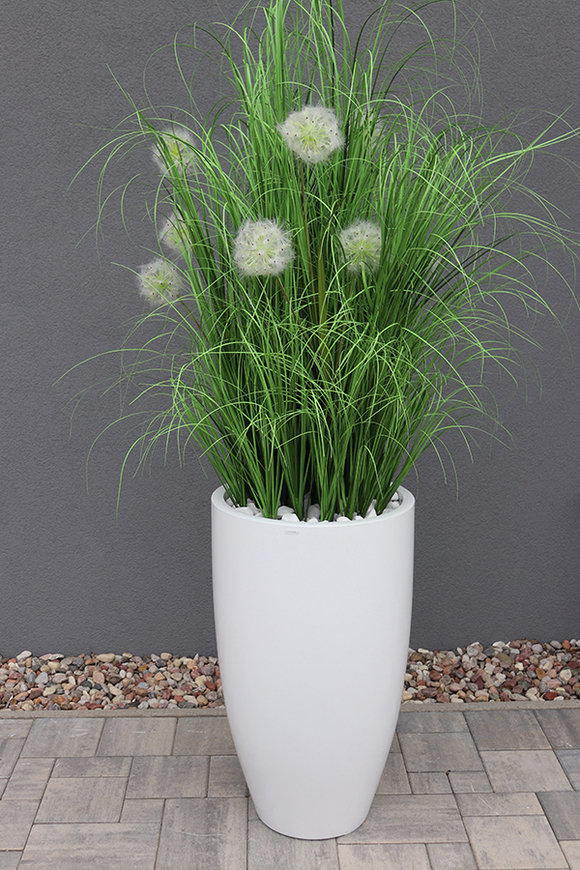 Dandelion Fiberglass White, trawa w białej donicy z dmuchawcami, wys. 190cm