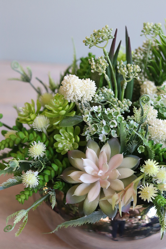 Atenea, kompozycja sukulenty w okrągłej lustrzanej donicy, wys.20cm