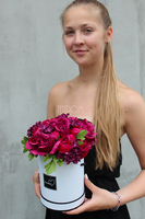 Fuksja Box, kompozycja kwiatowa / bukiet / Flowerbox, wys.26cm