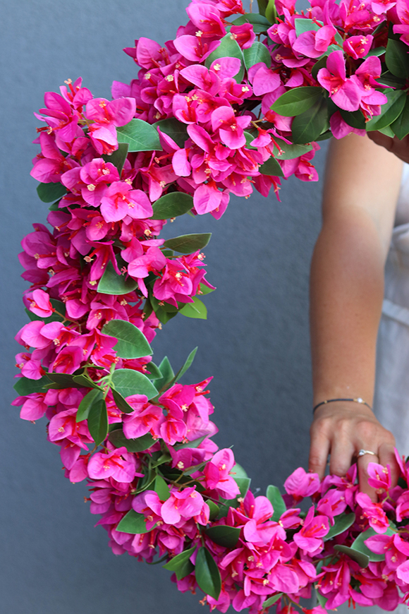 dekoracyjny różowy wianek, Bugenwilla Grecja, śr.57cm 