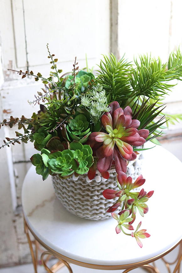 Boho Basket A, kompozycja sukulenty w donicy - koszu, wym.38x32cm