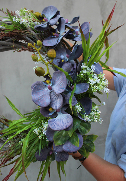 efektowny wianek na drzwi, Niebieska Orchidea, śr.44cm