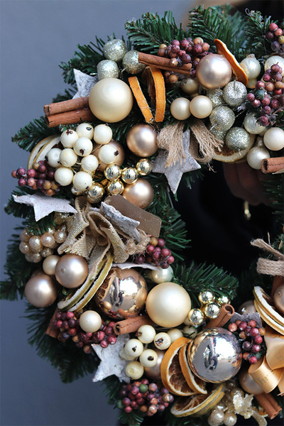 bardzo bogaty złoty wianek świąteczny, Złote Święta, śr.45cm 