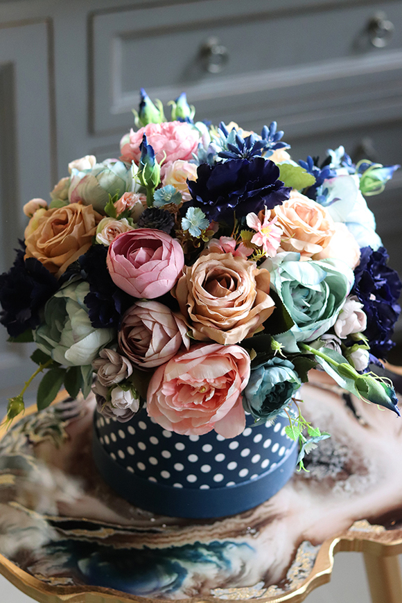 Flamenco Pink&Blue, piękny flowerbox w groszki, wys.34cm