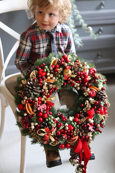 Rodzinne Święta, bożonarodzeniowy wianek na drzwi stroik na stół, śr.48cm