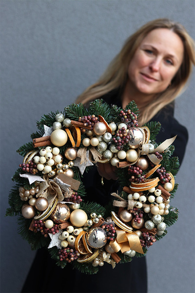 bardzo bogaty złoty wianek świąteczny, Złote Święta, śr.45cm 