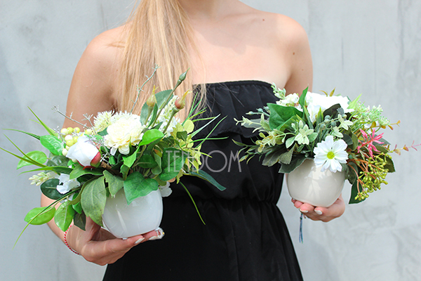 dwie mini kompozycje kwiatowe / bukiety Piękno Lata, każda wys.17cm, śr.20cm