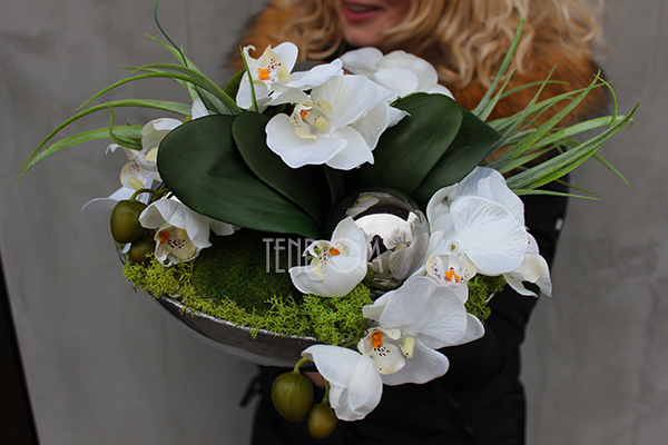 Deko Storczyk kompozycja kwiatowa w cynowanym ekskluzywnym naczyniu, śr.28cm