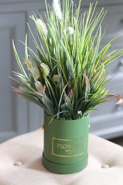 Alberta, flowerbox z traw i sukulentów w zielonym pudełku, wys.46cm