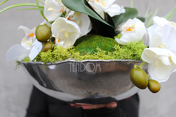 Deko Storczyk kompozycja kwiatowa w cynowanym ekskluzywnym naczyniu, śr.28cm