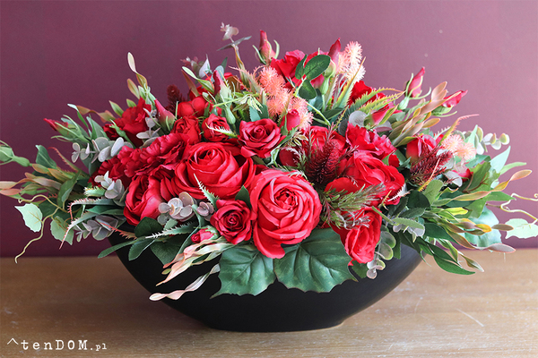 efektowna kwiatowa kompozycja, Red Fire Premium, wym.35x65x32cm