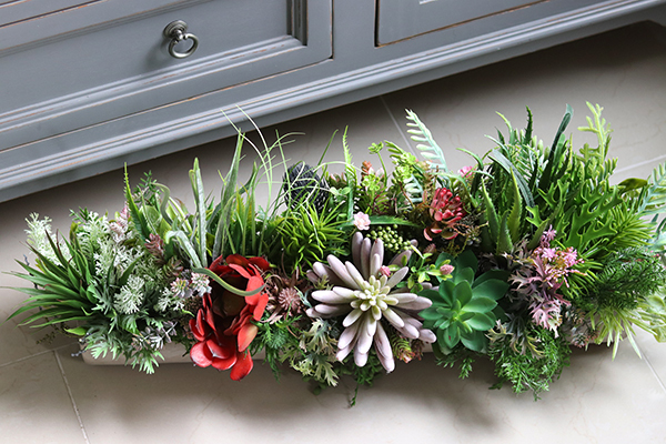 kompozycja sukulenty w długiej donicy, Hektor Togalla, dł.70cm  