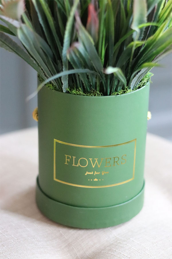 Alberta, flowerbox z traw i sukulentów w zielonym pudełku, wys.46cm