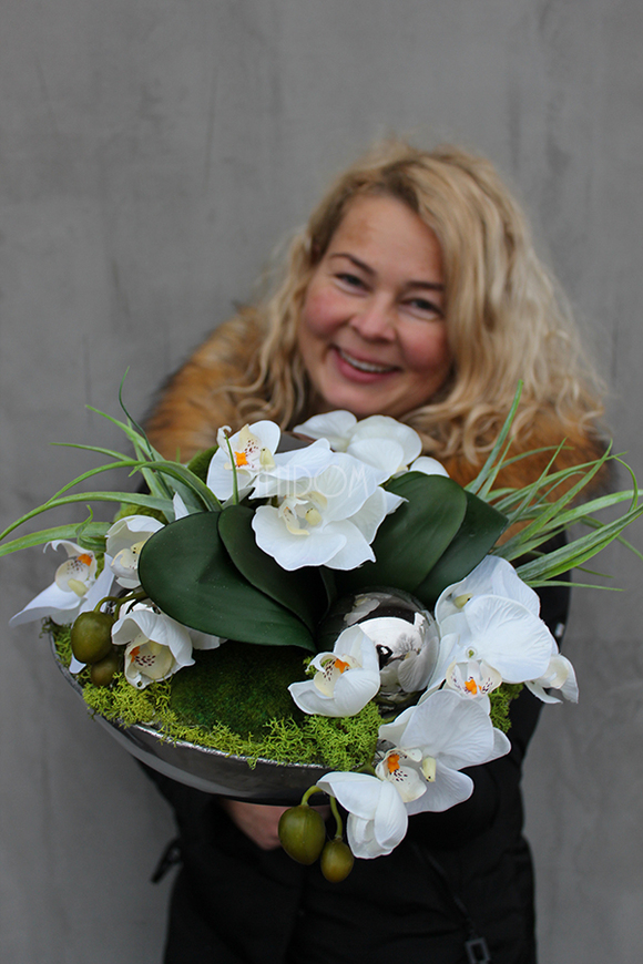 Deko Storczyk kompozycja kwiatowa w cynowanym ekskluzywnym naczyniu, śr.28cm