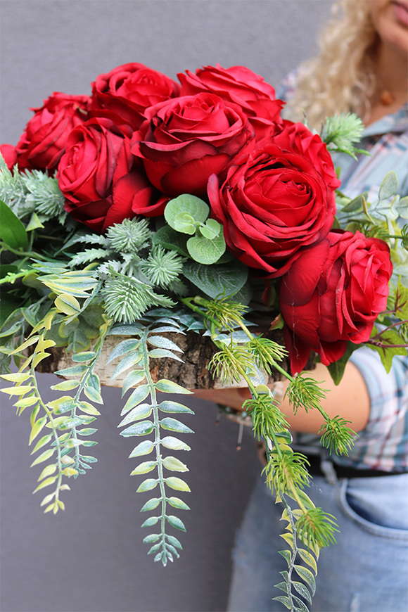 dekoracja nagrobna / wiązanka Róża na plastrze drewna, dł.40cm 