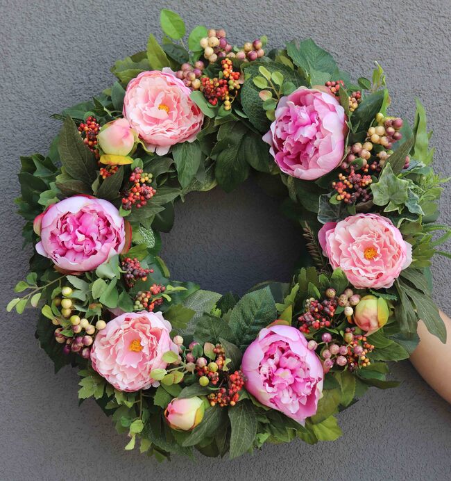 Piwonia Różowa, piękny wianek z peoniami, śr.36cm