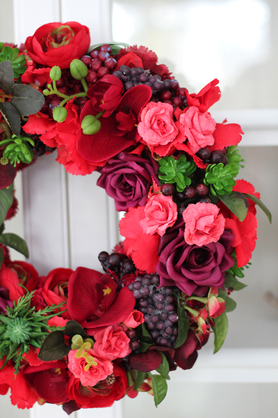 Czerwona Milanda, piękny wianek na drzwi, śr.30cm 