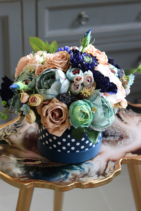 Flamenco Pink&Blue, piękny flowerbox w groszki, mniejszy, wys.30cm