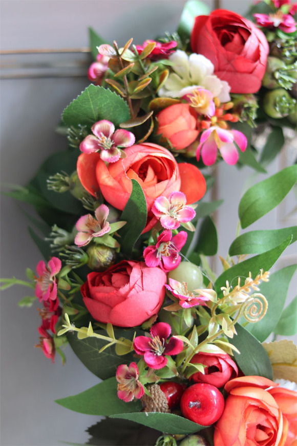 Alnene, efektowny wianek z kwiatami i owocami, śr.28cm