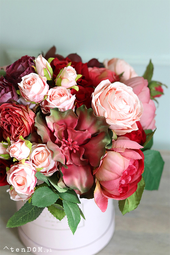 Celia, czerwono-różowy flowerbox z sukulentem, wys. 33cm