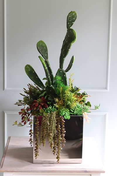 Acapulco Grande Mirror Premium, sukulenty z kaktusem w stalowej donicy, wys.91cm