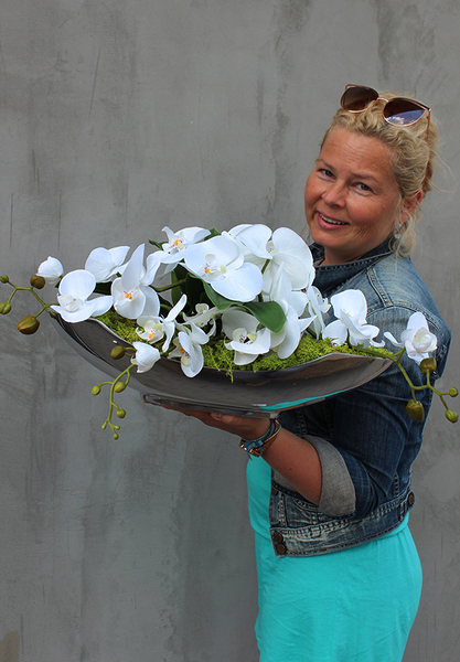 Deko Storczyk Cream 3, kompozycja kwiatowa w aluminiowym naczyniu, dł.55cm
