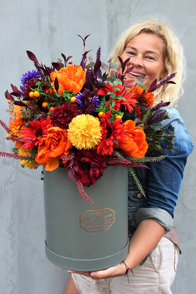 Energia Jesieni, kompozycja kwiatowa / bukiet / Flowerbox wys.55cm 