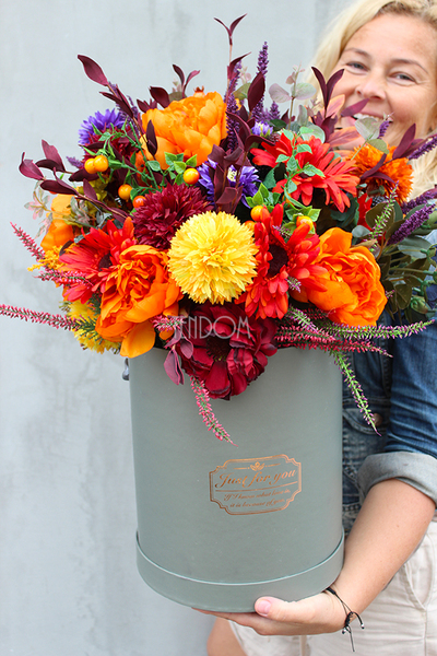 Energia Jesieni, kompozycja kwiatowa / bukiet / Flowerbox wys.55cm 