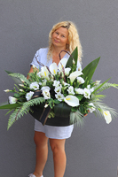 Nerusa Karlitto, bogata kompozycja nagrobna z kallą i eustomą, wym.58x100cm