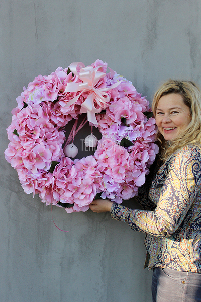 Bladoróżowa Hortensja 2 wianek na drzwi, śr.60cm  