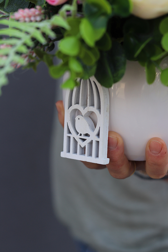 Lirena, kompozycja z ceramicznym ptaszkiem zawieszką - klatką, wys.30cm