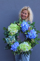 Hortensje Blueni, niebiesko-zielony wianek, śr.43cm