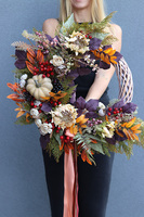 Jesienny Dom, asymetryczny jesienny wianek z dynią, śr.50cm