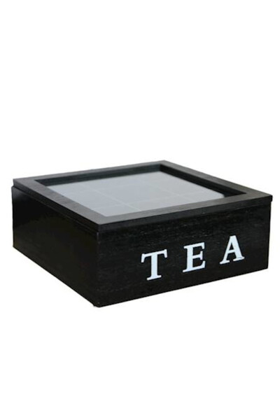 Black Tea, czarne pudełko na herbatę drewniane, 9 przegródek
