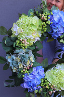 Hortensje Blueni, niebiesko-zielony wianek, śr.43cm