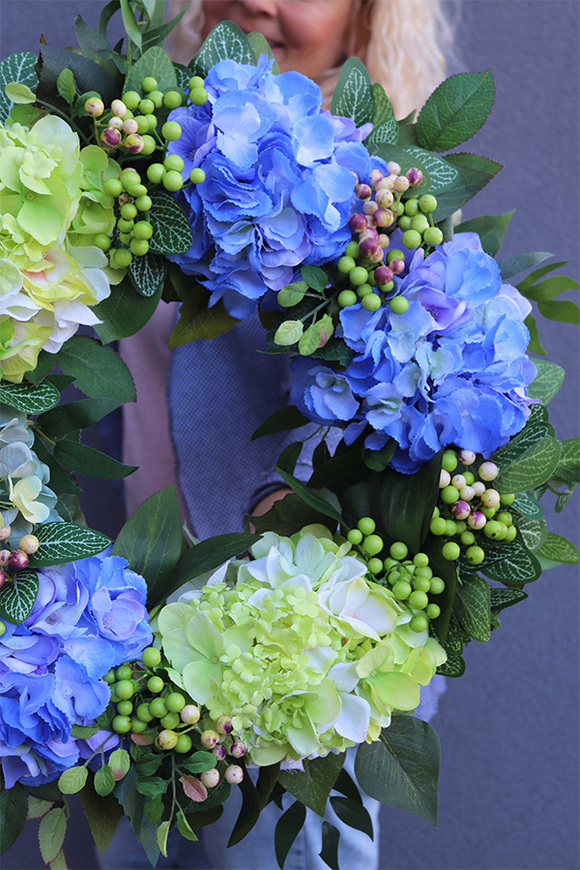 Hortensje Blueni, niebiesko-zielony wianek, śr.43cm