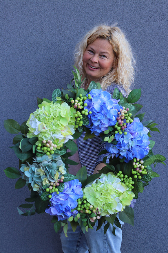 Hortensje Blueni, niebiesko-zielony wianek, śr.43cm