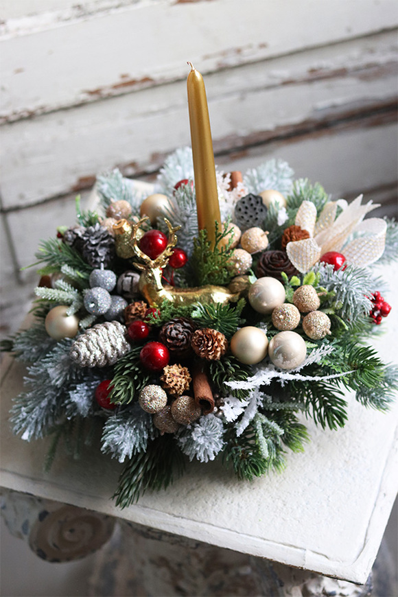 bogaty stroik świąteczny, Złoto Lasu, wys.30cm 