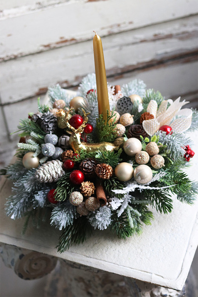 bogaty stroik świąteczny, Złoto Lasu, wys.30cm 