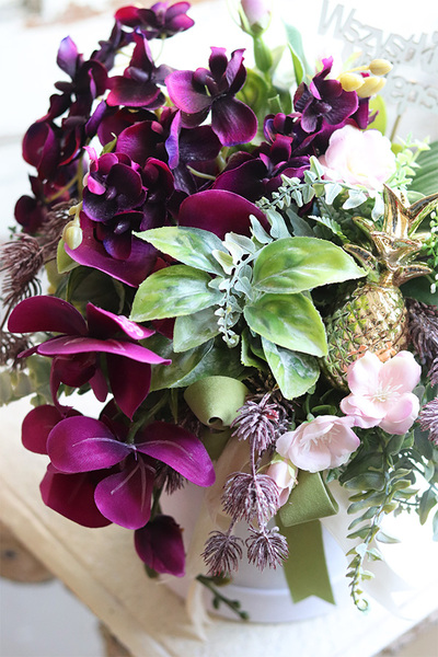 Ananas, welurowy flowerbox z orchideą, wym.32x30cm