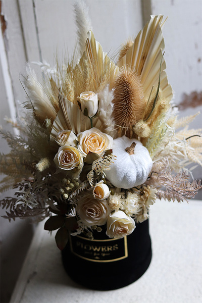 Velurowa Dynia Black, jesienny flowerbox z suszem
