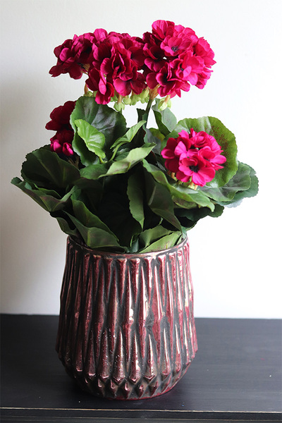 Pelargonie Bosco Pink, kompozycja kwiatowa w wazonie