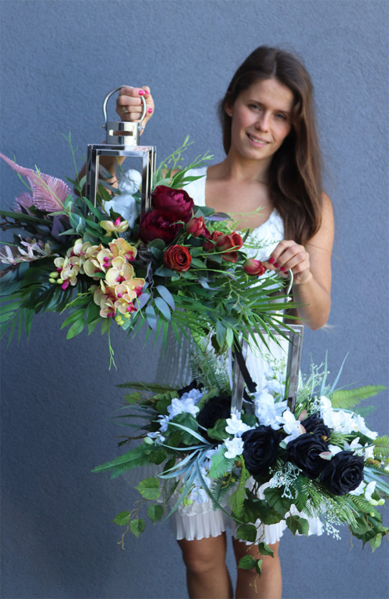 Angelo Garden Biało-Czarny, lampion nagrobny z kwiatami, wys.42cm