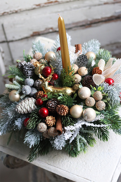 bogaty stroik świąteczny, Złoto Lasu, wys.30cm 