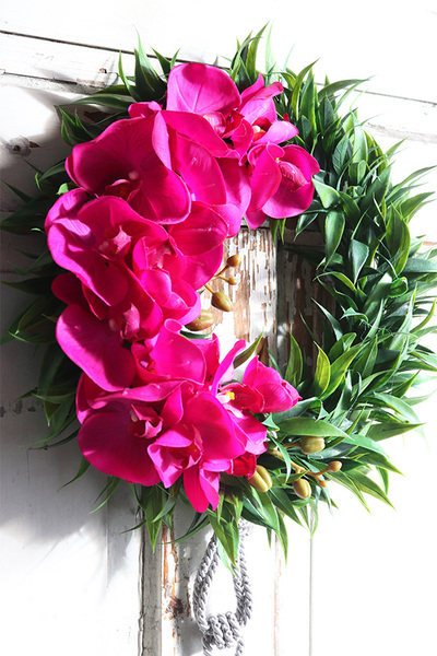 asymetryczny wianek z chwostem, Orchidelia Power Pink, śr.42cm 